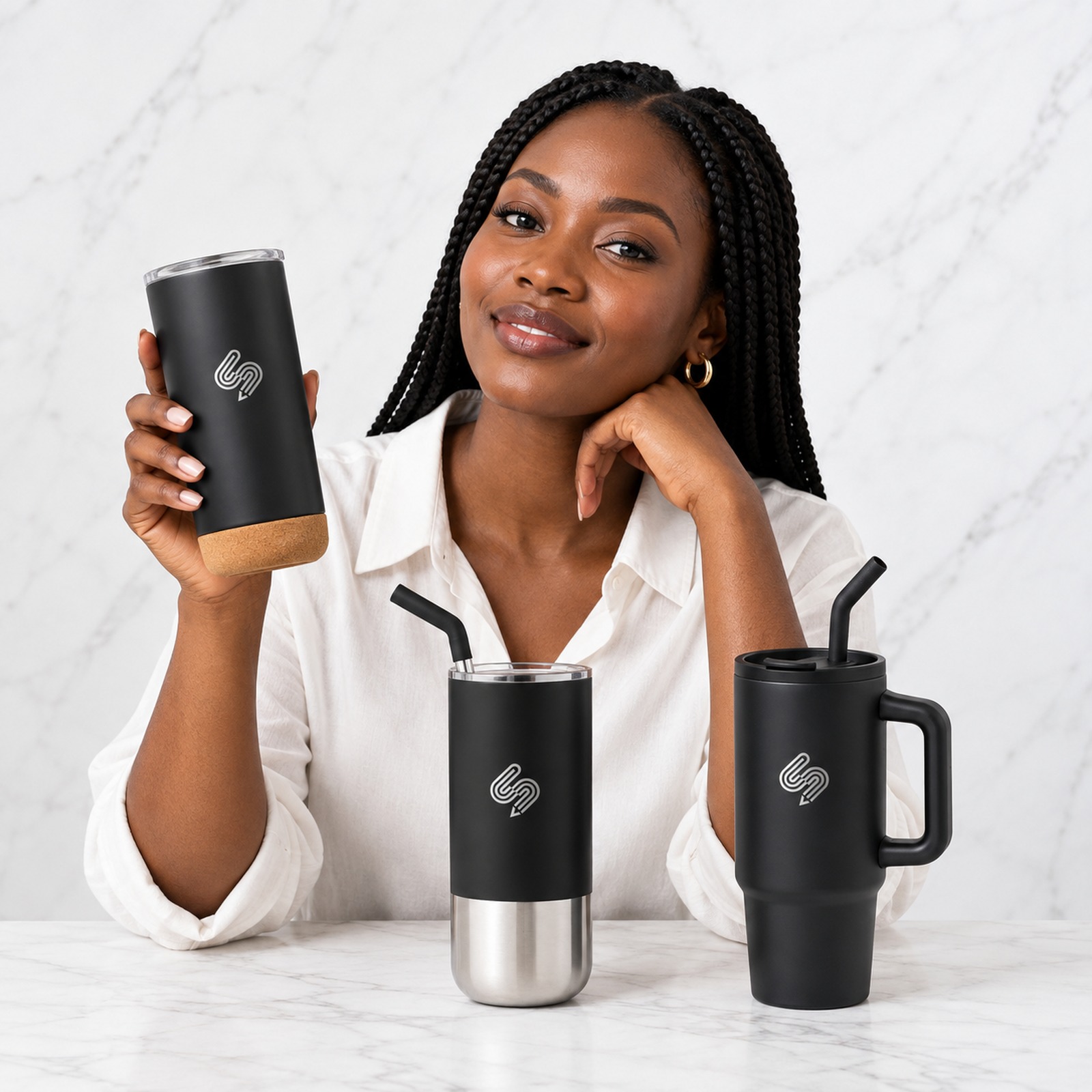 Model presenting Ventura Visuals branded drinkware